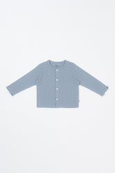 Avauma Haze Heart baby cardigan in Skybloom blue, soft cotton knit sweater for toddler girls or boys